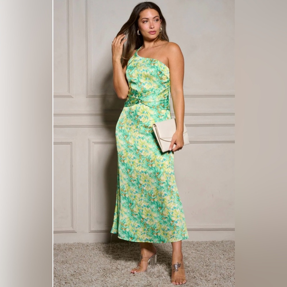 Green Yellow One Shoulder Maxi Dress Ruched Asymmetrical Boutique NWT Sz Large